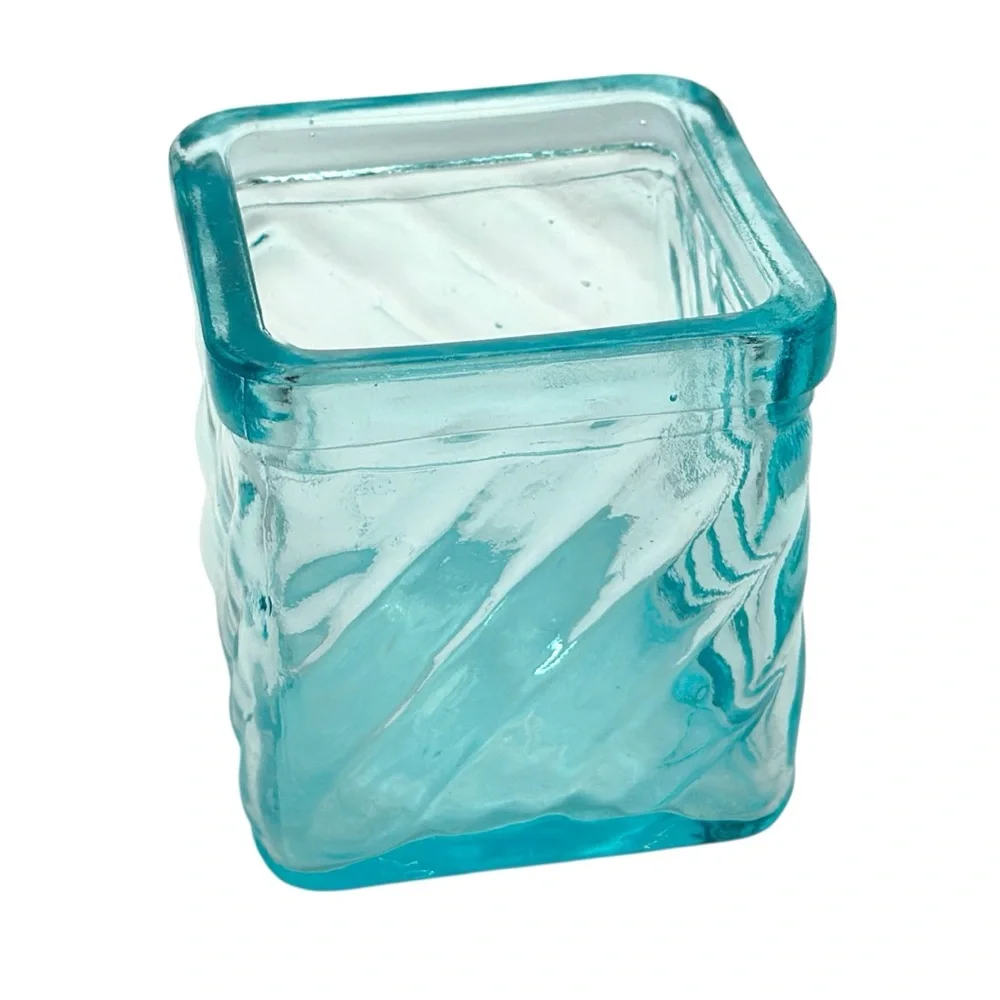Vintage Teal Votive Holder Tealight Candle Trinket Dish Collectible Glass Square